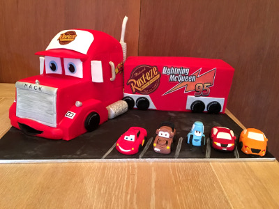 cars, mack truck cake. lightening mcqueen